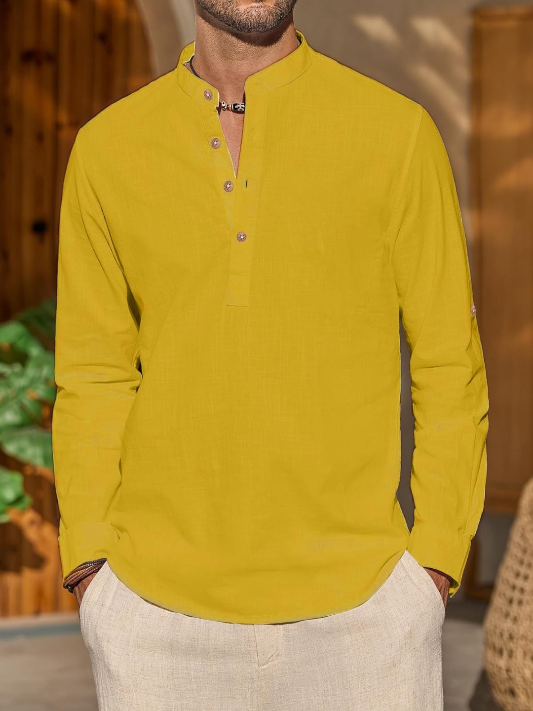 

EdinWolf Band Collar Roll-Up Sleeves Cotton Straight Kurta, Yellow