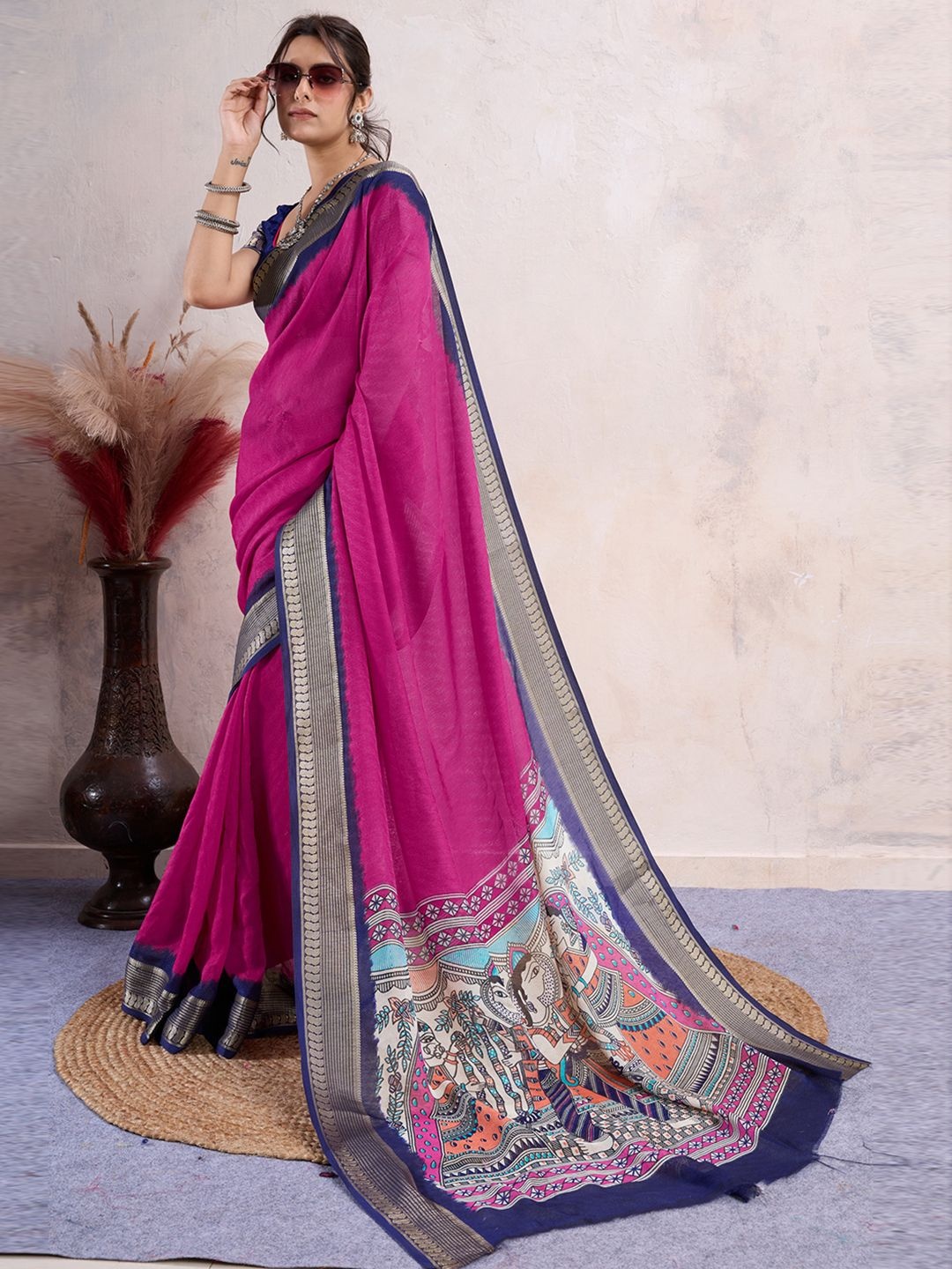 

LeeliPeeri Designer Kalamkari Zari Silk Blend Saree, Pink