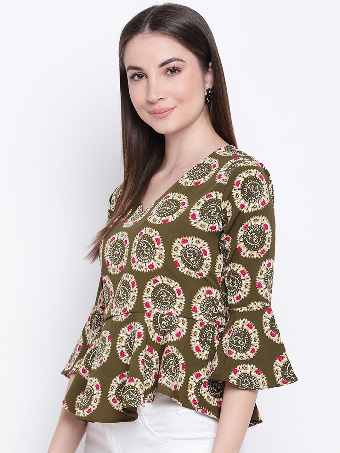 

DressBerry Floral Print Bell Sleeve Peplum Top, Olive