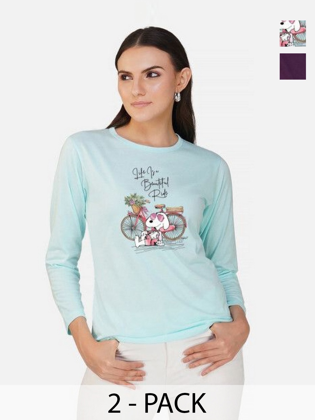 

Metronaut Women 2 Printed Bio Finish Applique T-shirt, Turquoise blue