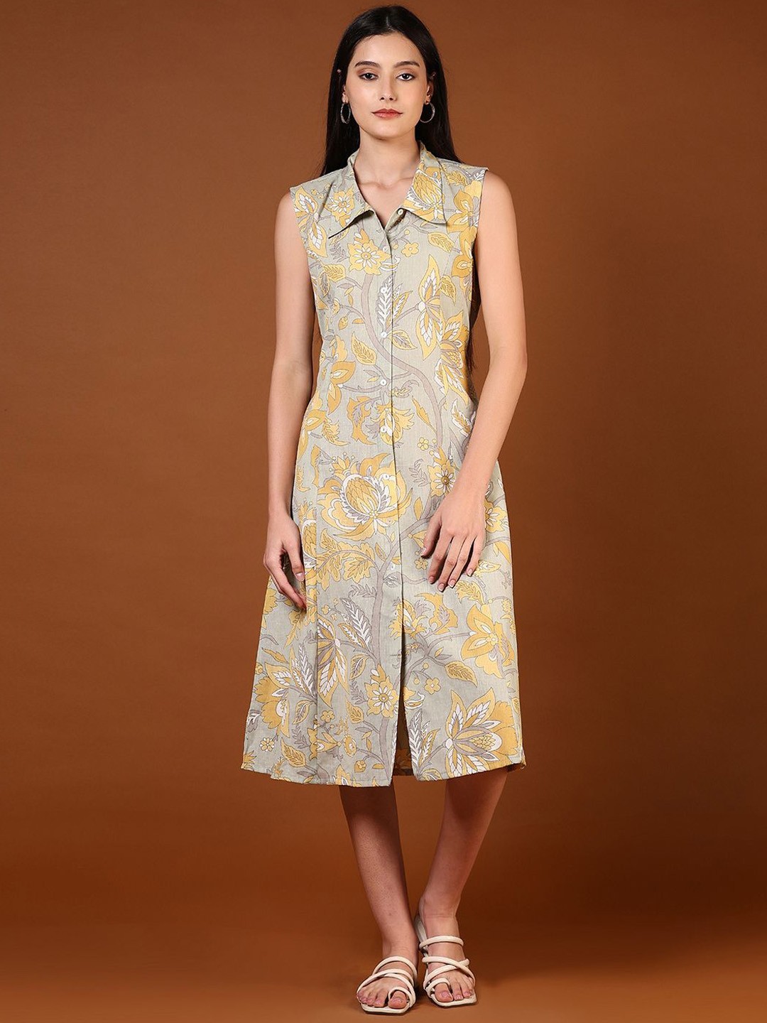 

V-Mart Ethnic Printed Shirt Collar Dress, Grey