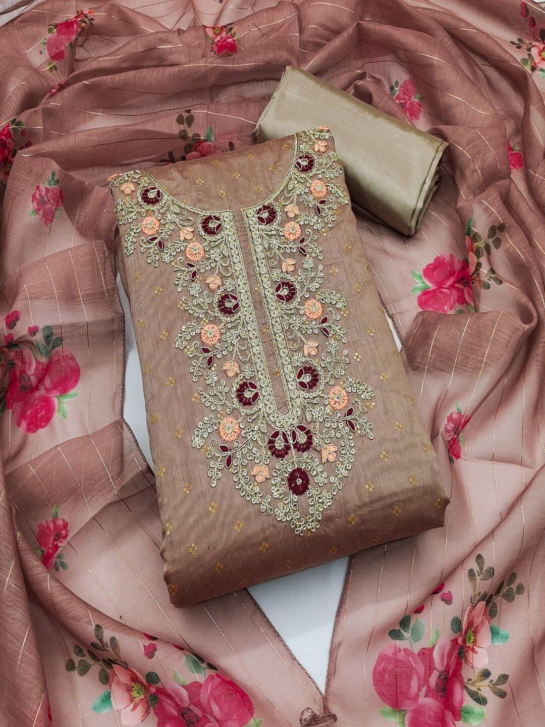

SHIJILA Floral Woven Design Sequinned Unstitched Dress Material, Camel brown
