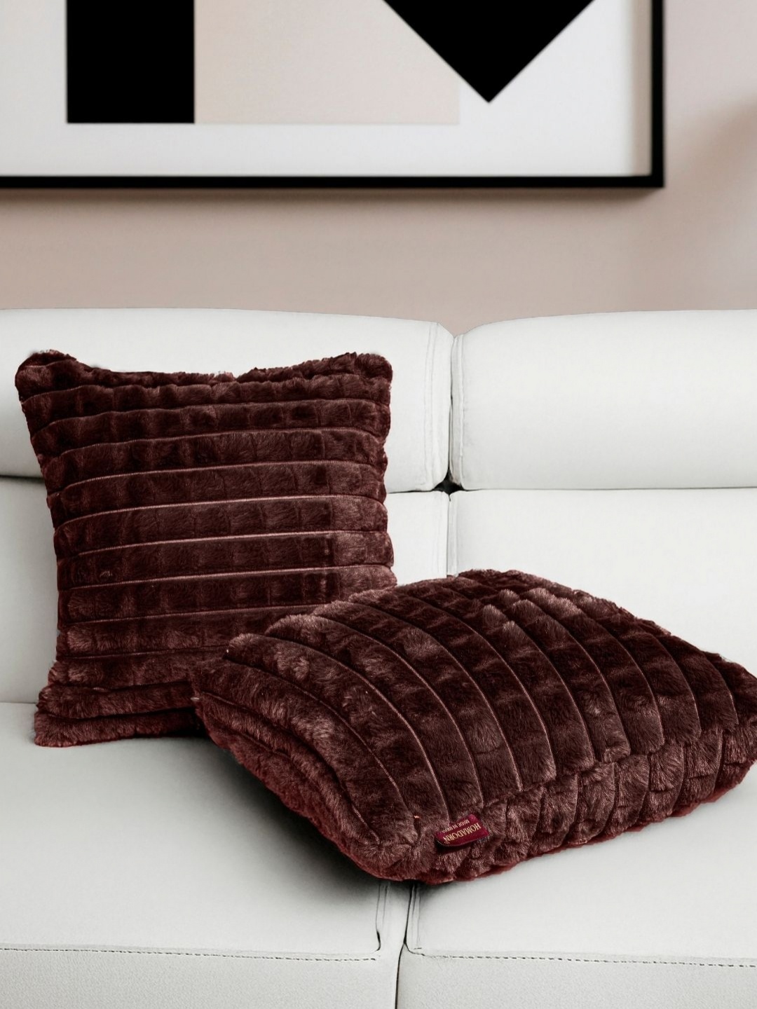 

HOMADORN Coffee Brown Set of 2 Checked Square Cushion Covers