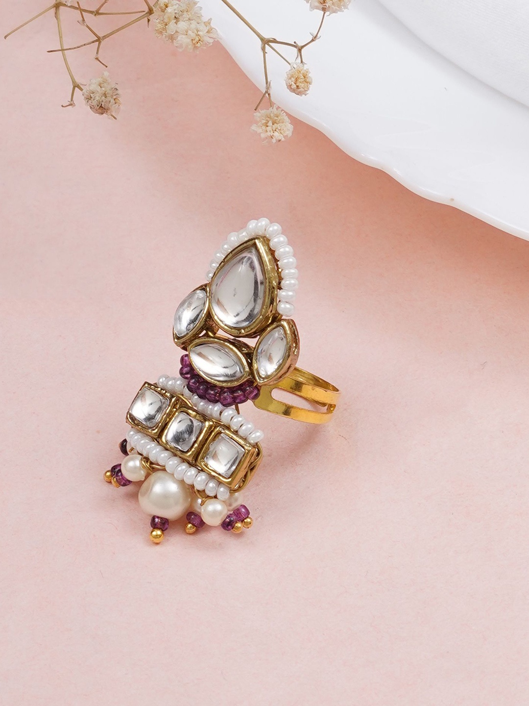 

BeAbhika Gold-Plated Kundan Studded & Beaded Adjustable Finger Ring