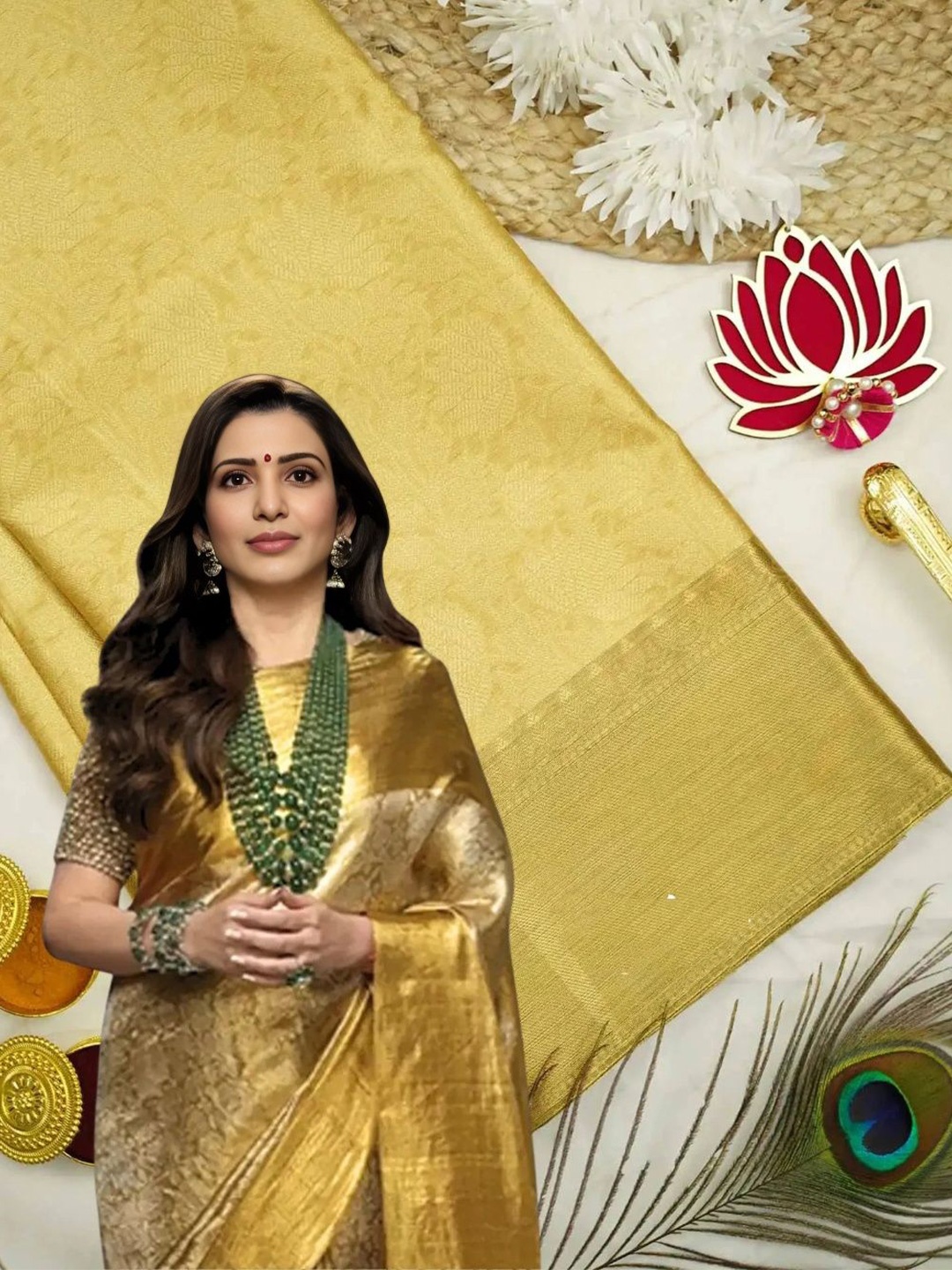 

KALINI Woven Design Zari Tissue Kanjeevaram Saree, Beige