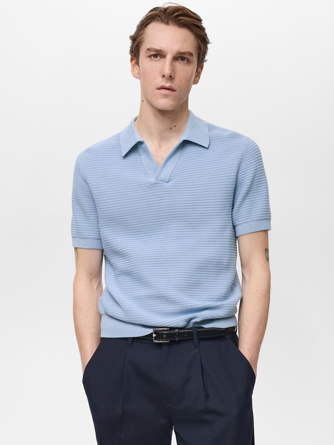 

MANGO MAN Ribbed Polo Collar Pure Cotton T-shirt, Blue