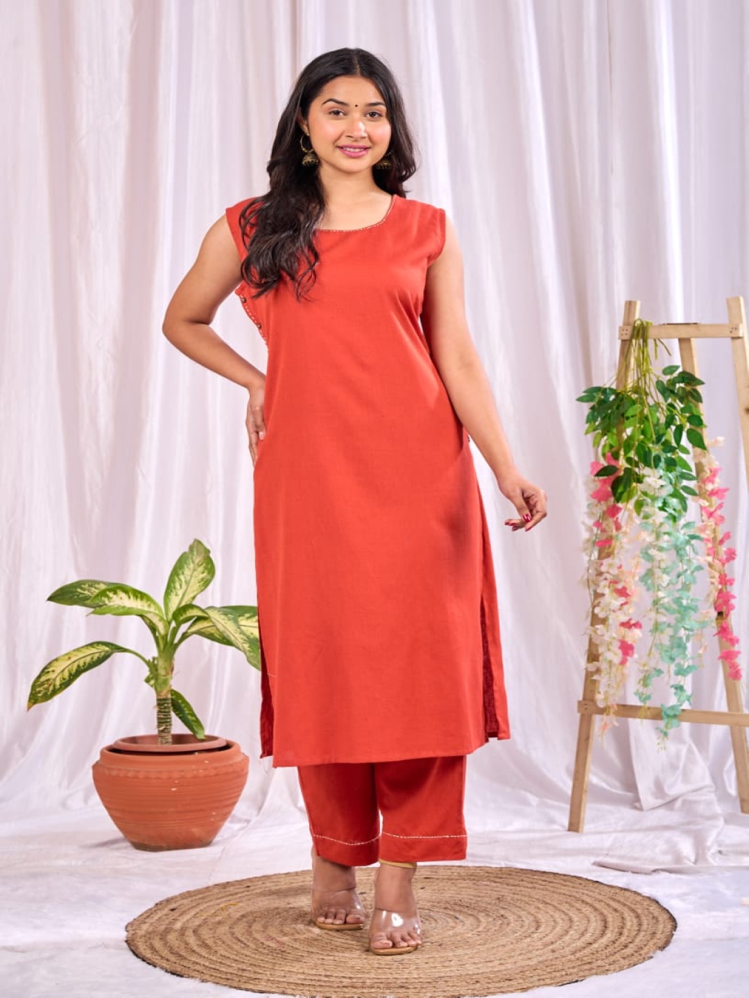 

MissKurti Pure Cotton Round Neck Tunic With Trousers Co-Ords, Orange