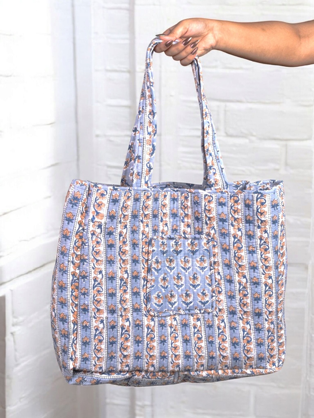 

Feels Like Home Floral Printed Oversized Tote Bag with Quilted, Blue