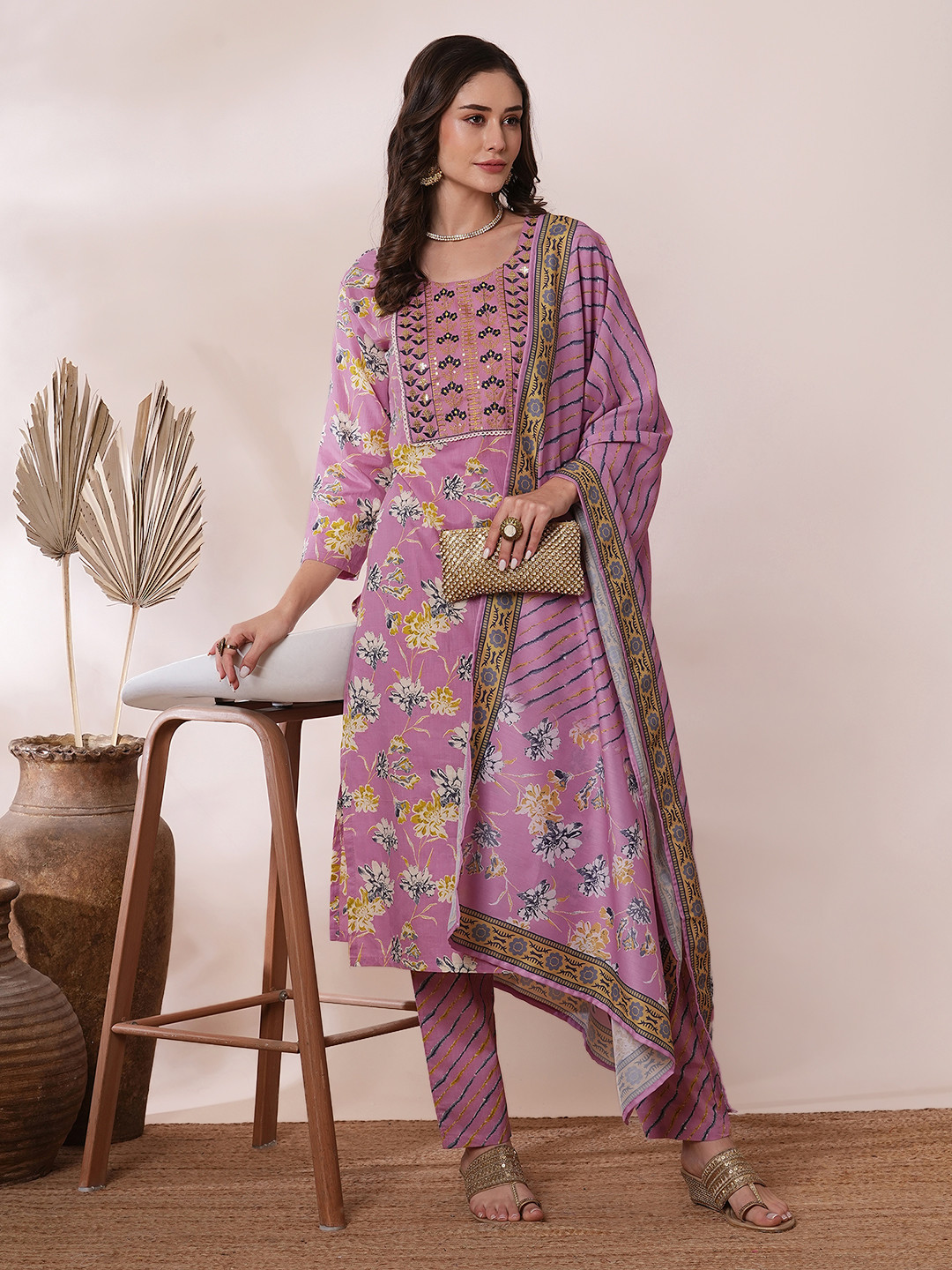 

Moda Rapido Women Floral Regular Pure Cotton Kurta with Trousers & With Dupatta, Pink