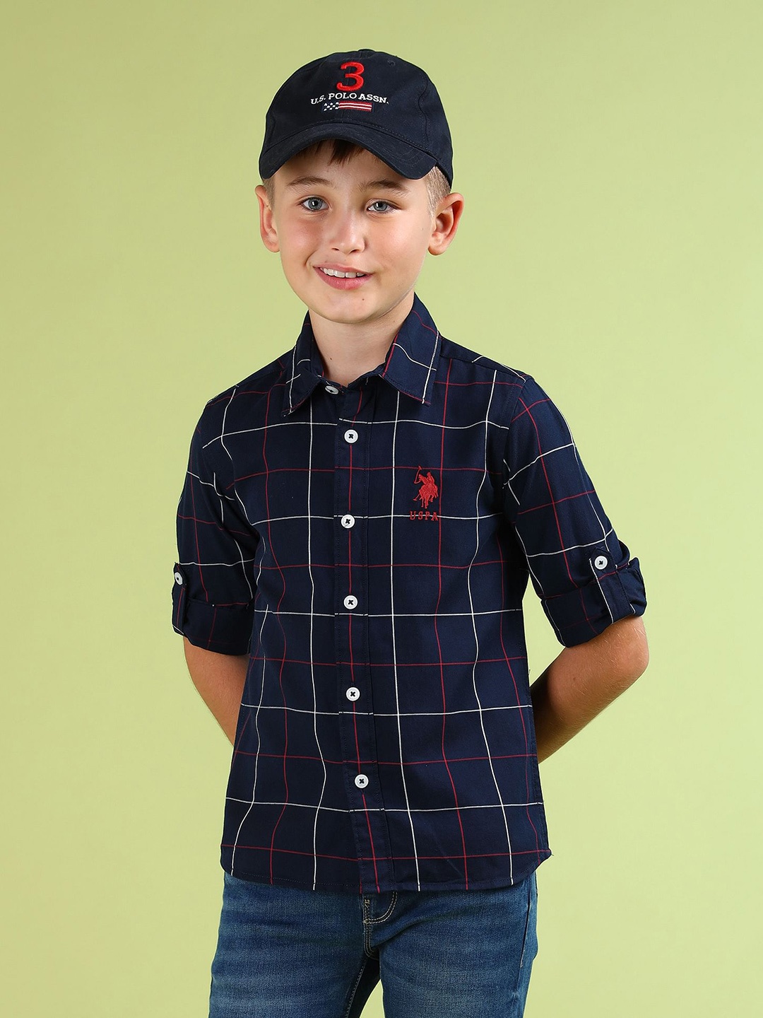 

U.S. Polo Assn. Kids Boys Windowpane Checked Pure Cotton Casual Shirt, Navy blue