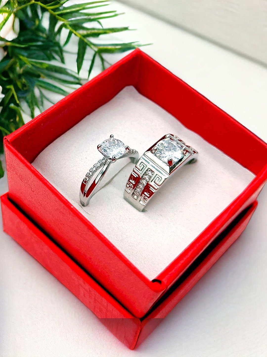 

kazare Set Of 2 Rhodium Plated Stones Studded Couple Ring Set, Silver