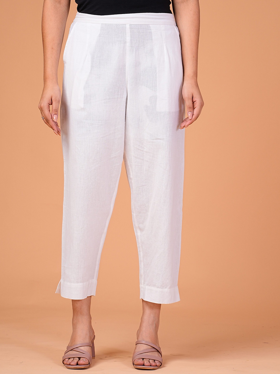 

GATIM Cotton Mid-Waist Straight Trousers With Pockets, White