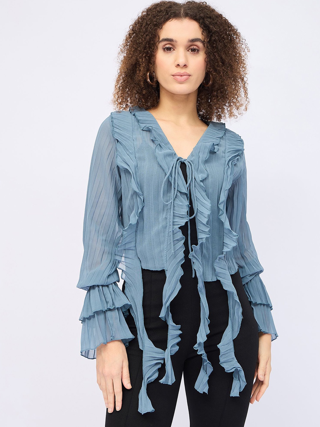 

DressBerry Tie-Up Neck Bell Sleeve Top, Blue