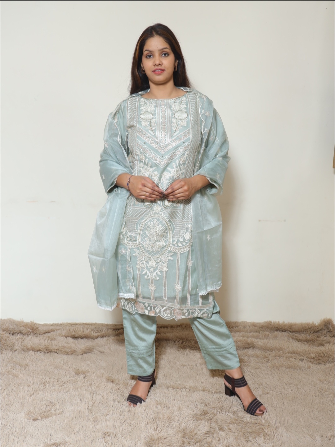 

Wavy Collection Women Floral Embroidered Regular Thread Work Chanderi Silk Kurta with Trousers & With Dupatta, Turquoise blue