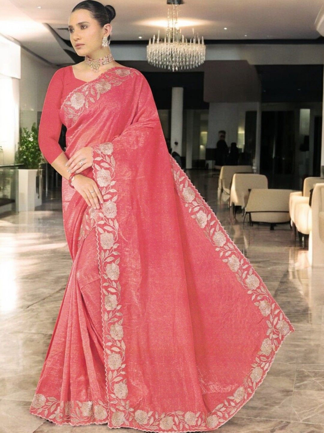 

SHOPPKEE Floral Embroidered Silk Blend Banarasi Saree, Pink