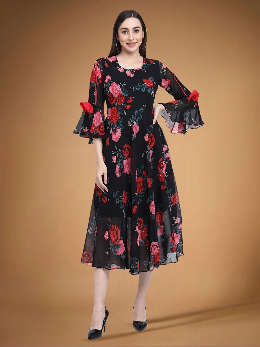 

Moda Rapido Floral Print Applique Fit & Flare Dress, Black