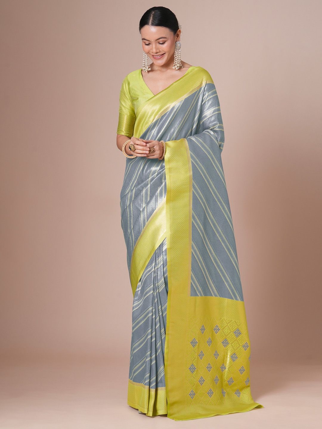 

House of Pataudi Banarasi Ethnic Woven Design Festive Saree with Matching Blouse, Grey
