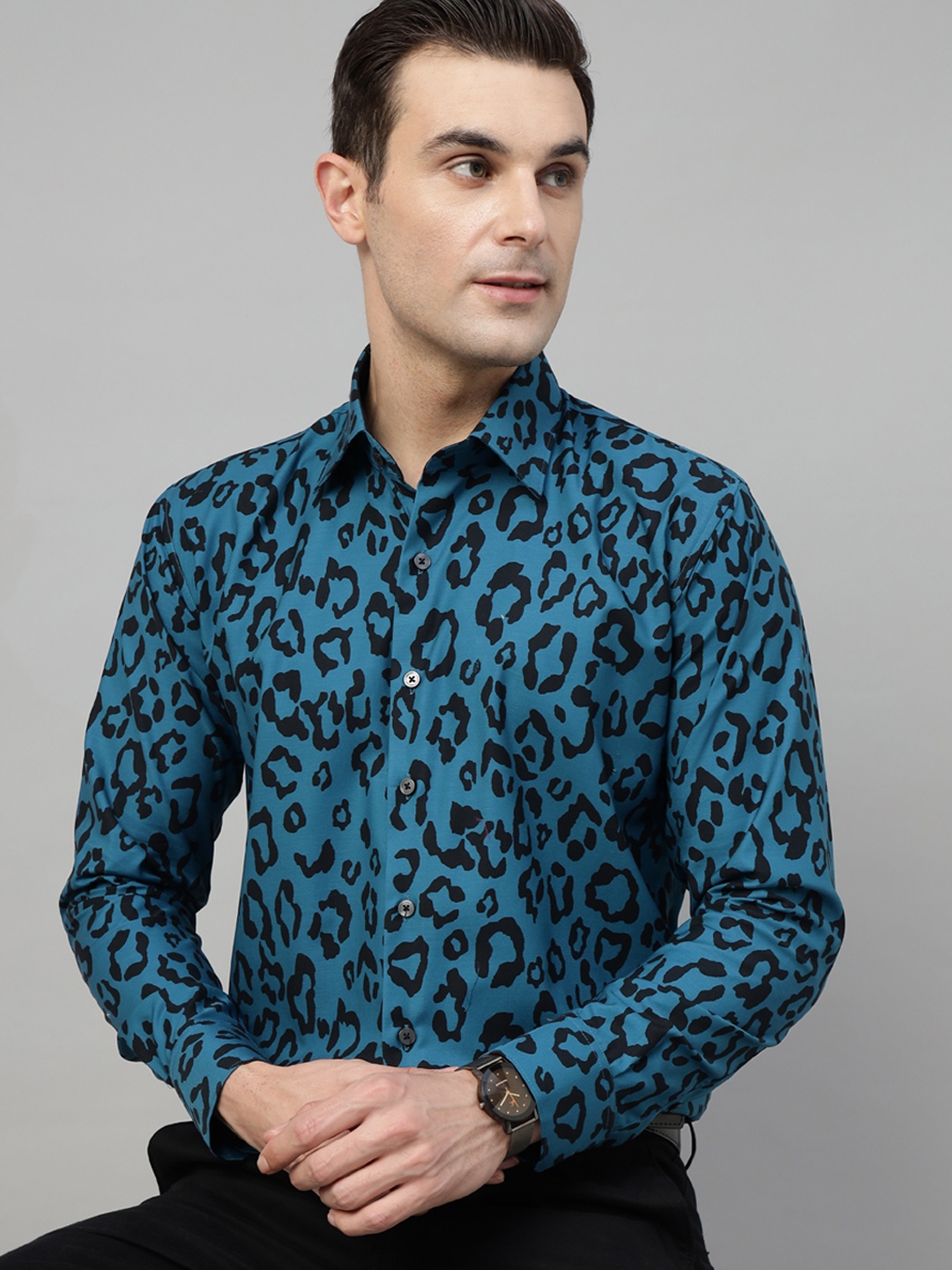 

Hancock Men Premium Slim Fit Animal Opaque Printed Party Shirt, Blue