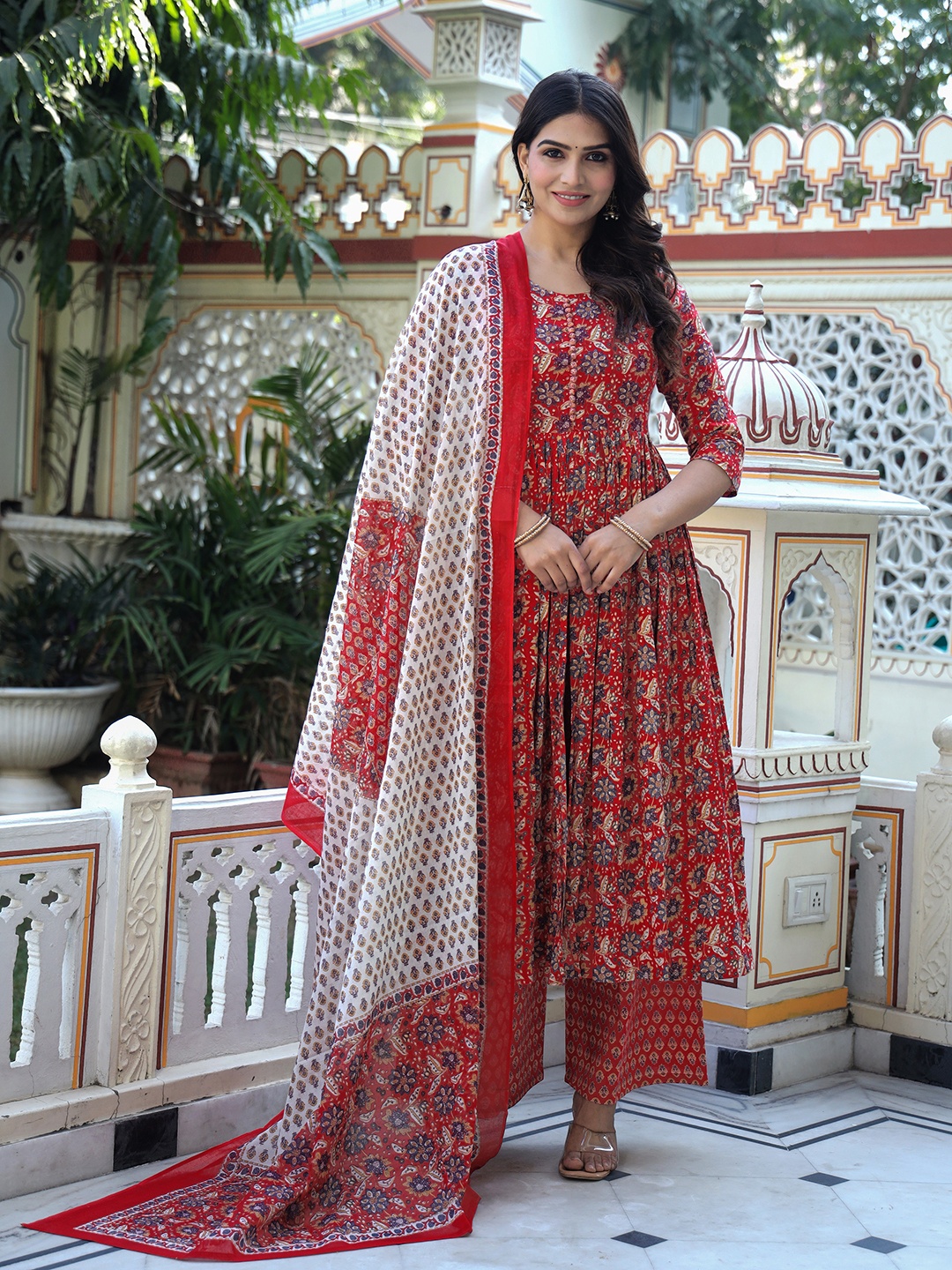 

ELVISH JAIPUR Women Ethnic Motifs Printed Regular Phulkari Pure Cotton Kurta with Palazzos & With Dupatta, Red