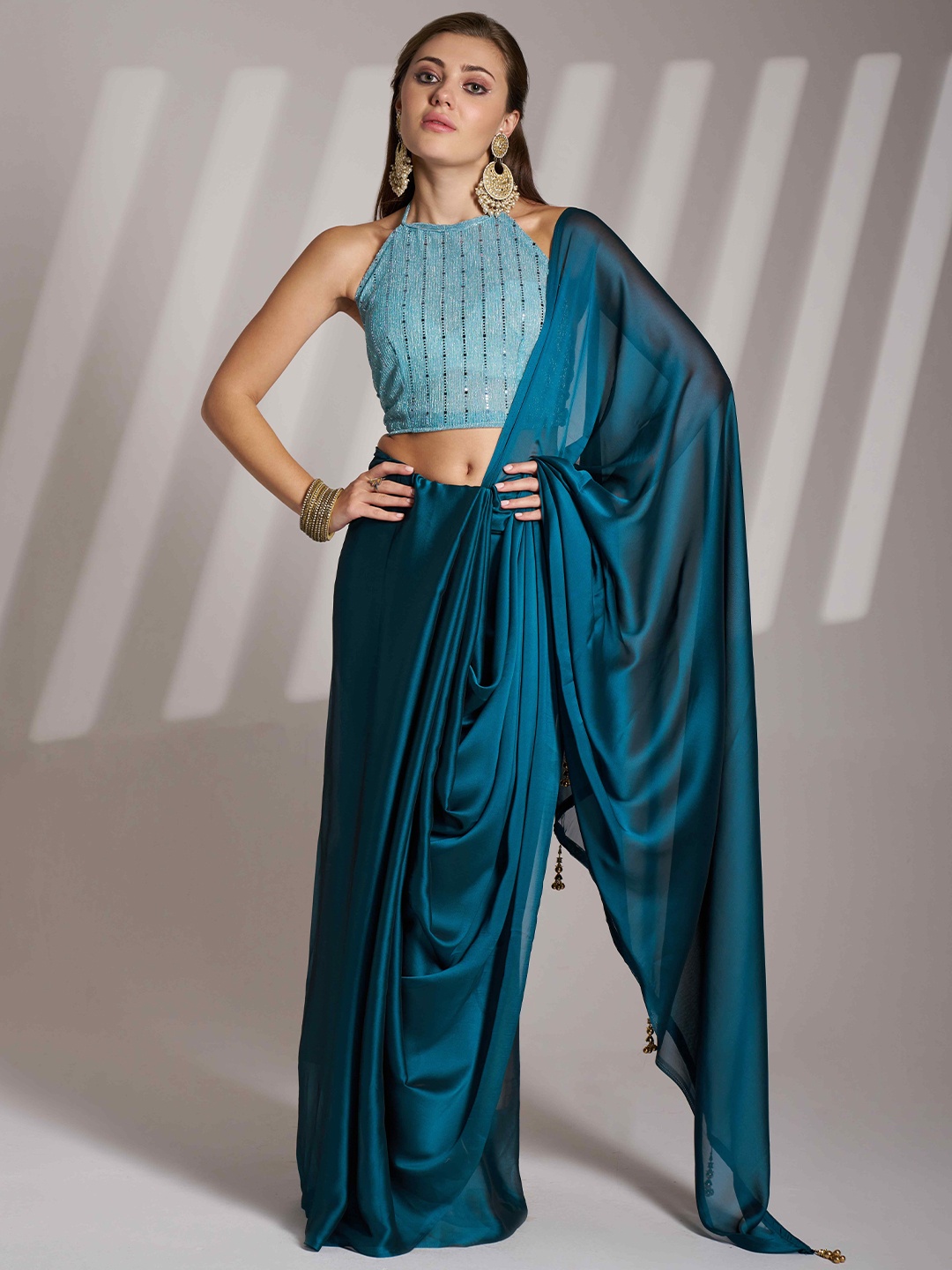 

HERE&NOW Embroidered Satin Tussar Saree, Turquoise blue