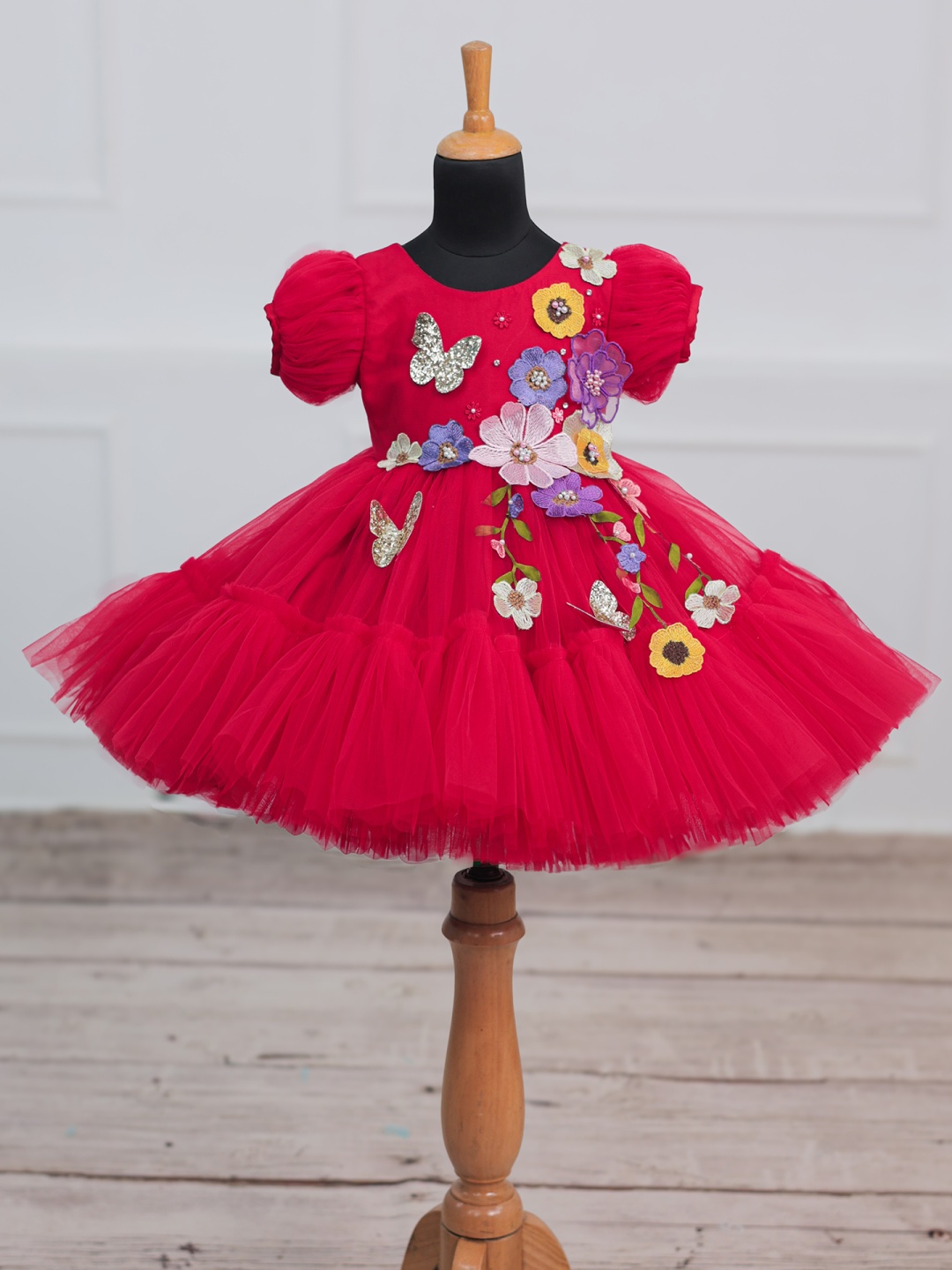 

Li & Li Boutique Floral Puff Sleeve Net Fit & Flare Dress, Red