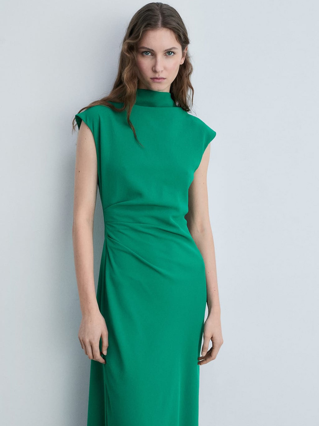 

MANGO High Neck Draped A-Line Midi Dress, Green