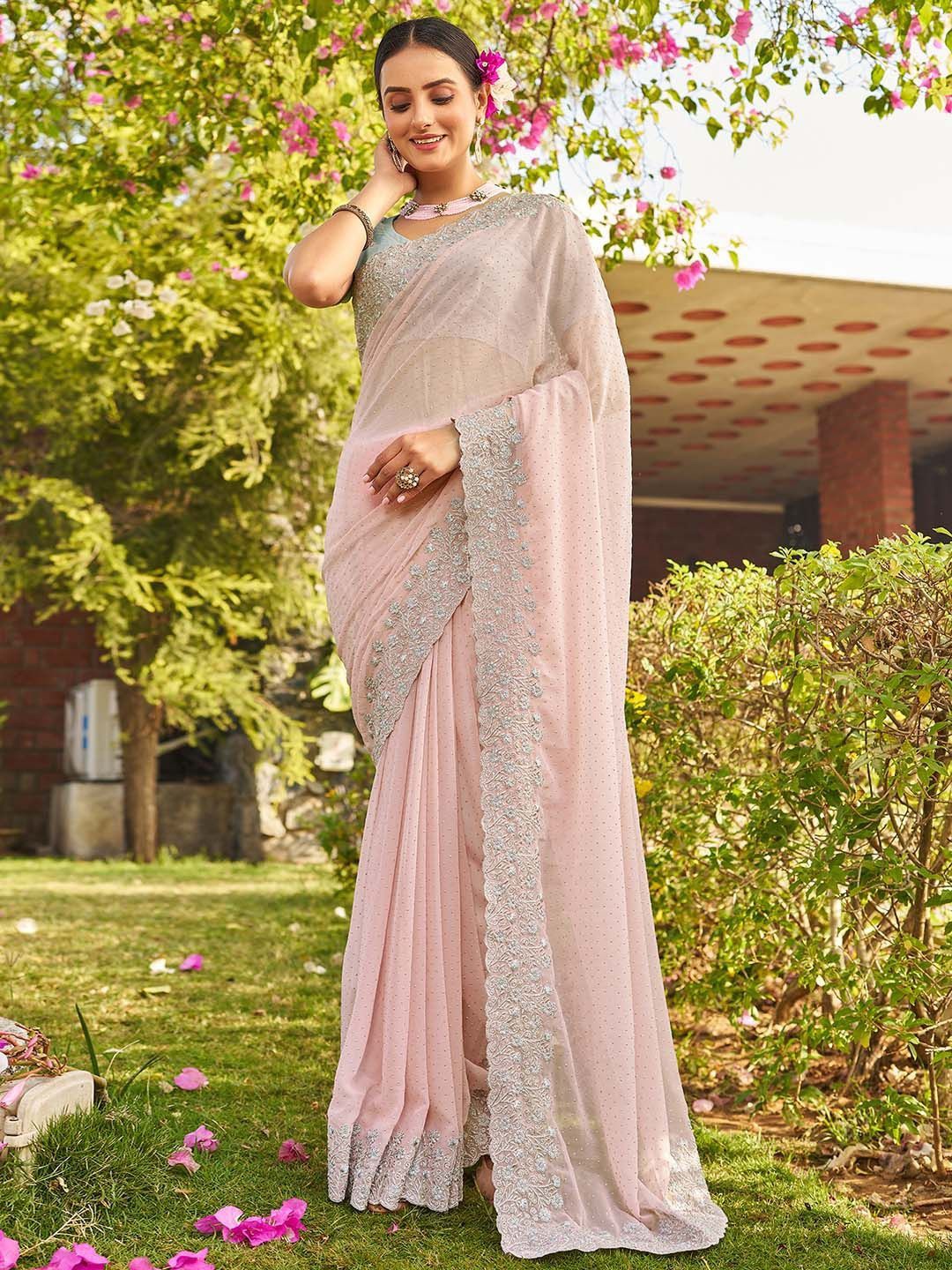 

DIVASTRI Embellished Beads and Stones Pure Georgette Saree, Pink