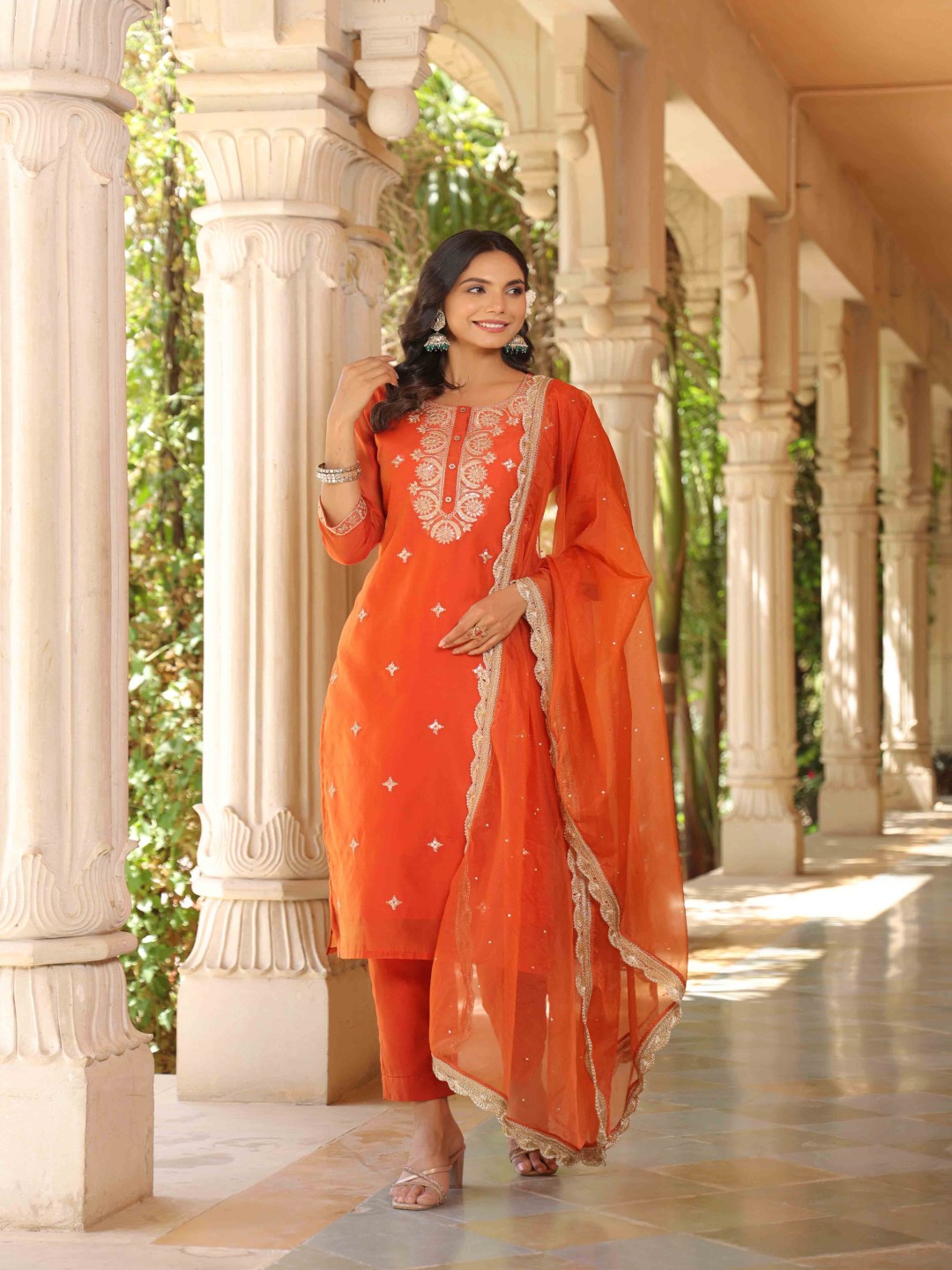 

AURIELLA Women Ethnic Motifs Embroidered Regular Sequinned Chanderi Silk Kurta with Trousers & With Dupatta, Rust