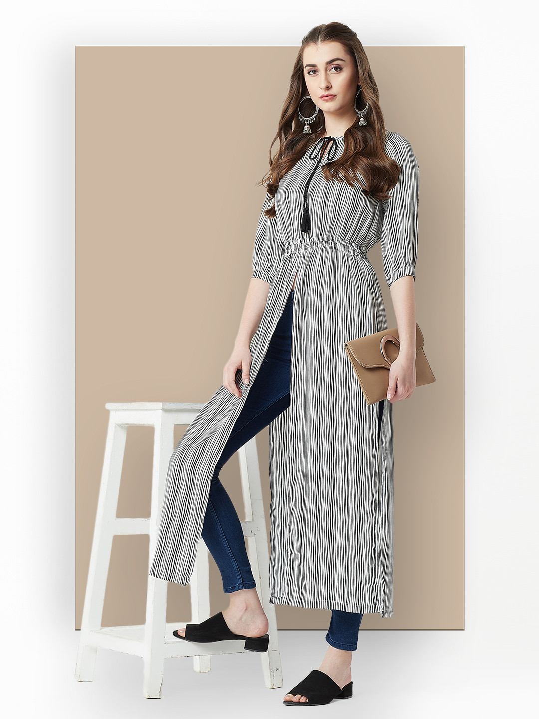 

Chemistry Striped Crepe Longline Top, Black