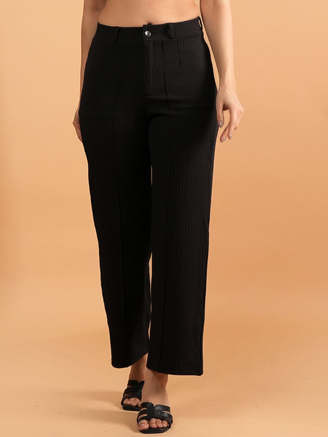 

NEYSA Women Straight Fit High-Rise Easy Wash Trousers, Black