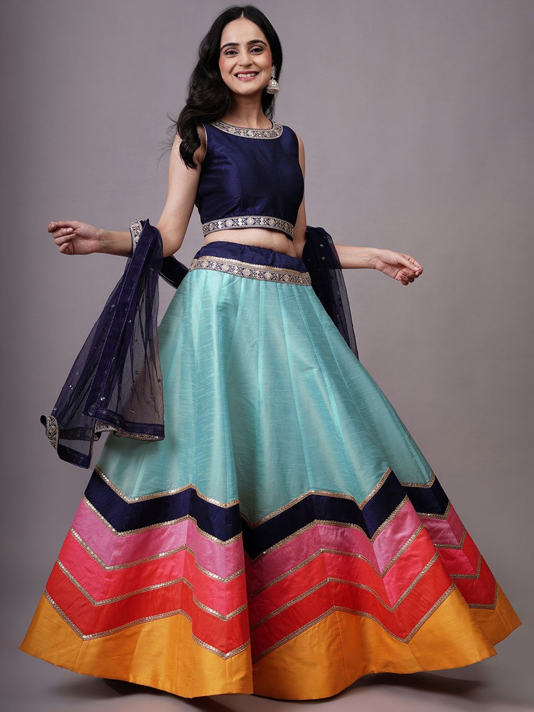 

Utsav Fashion Embroidered Sequinned Shibori Ready to Wear Lehenga & Choli With Dupatta, Turquoise blue