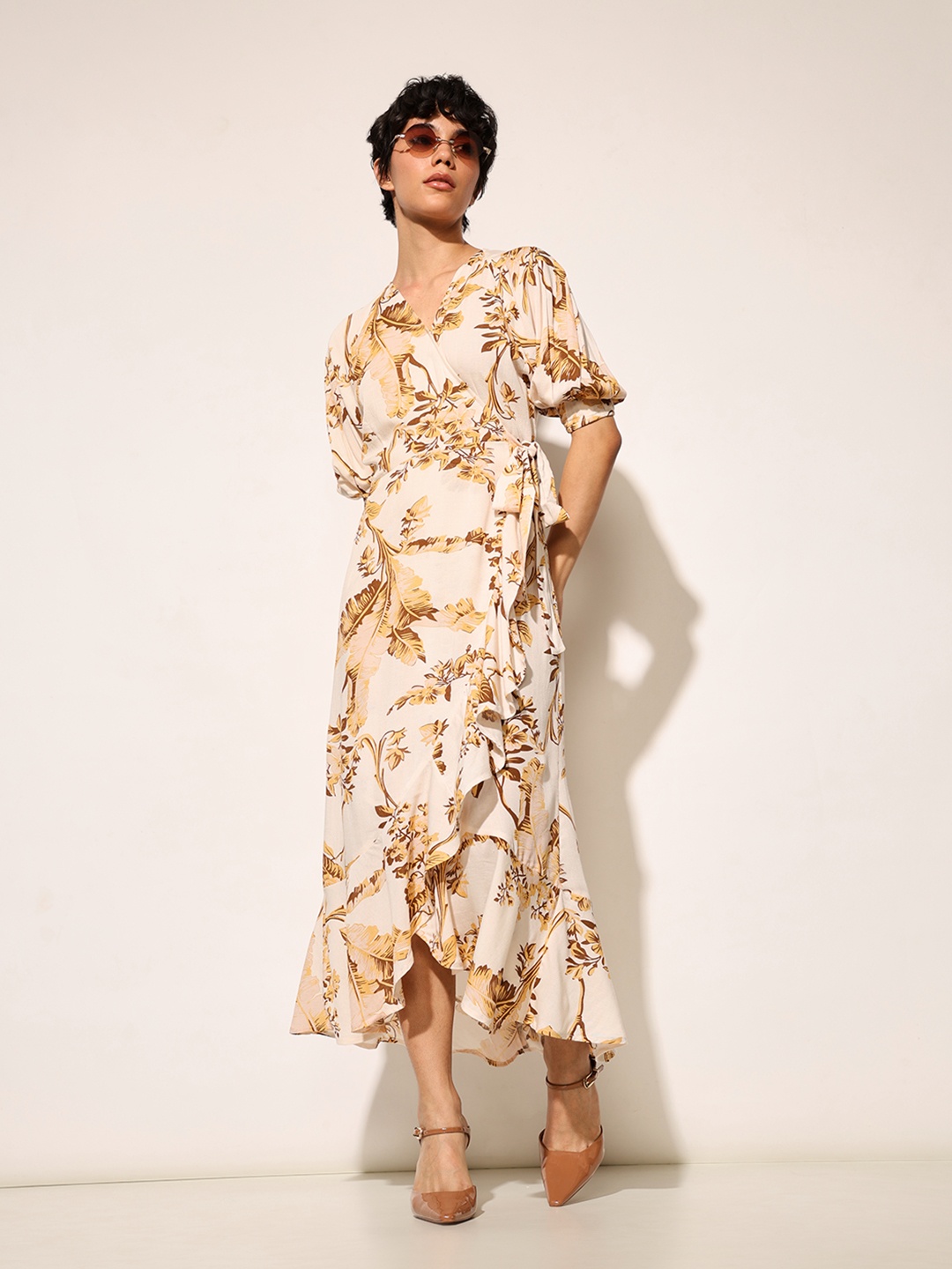 

ONLY Floral Print Puff Sleeve Maxi Dress, Brown