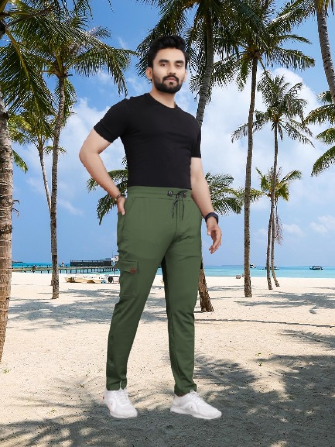 

GREENFLAIR Men Slim-Fit Mid Rise Track Pants, Green