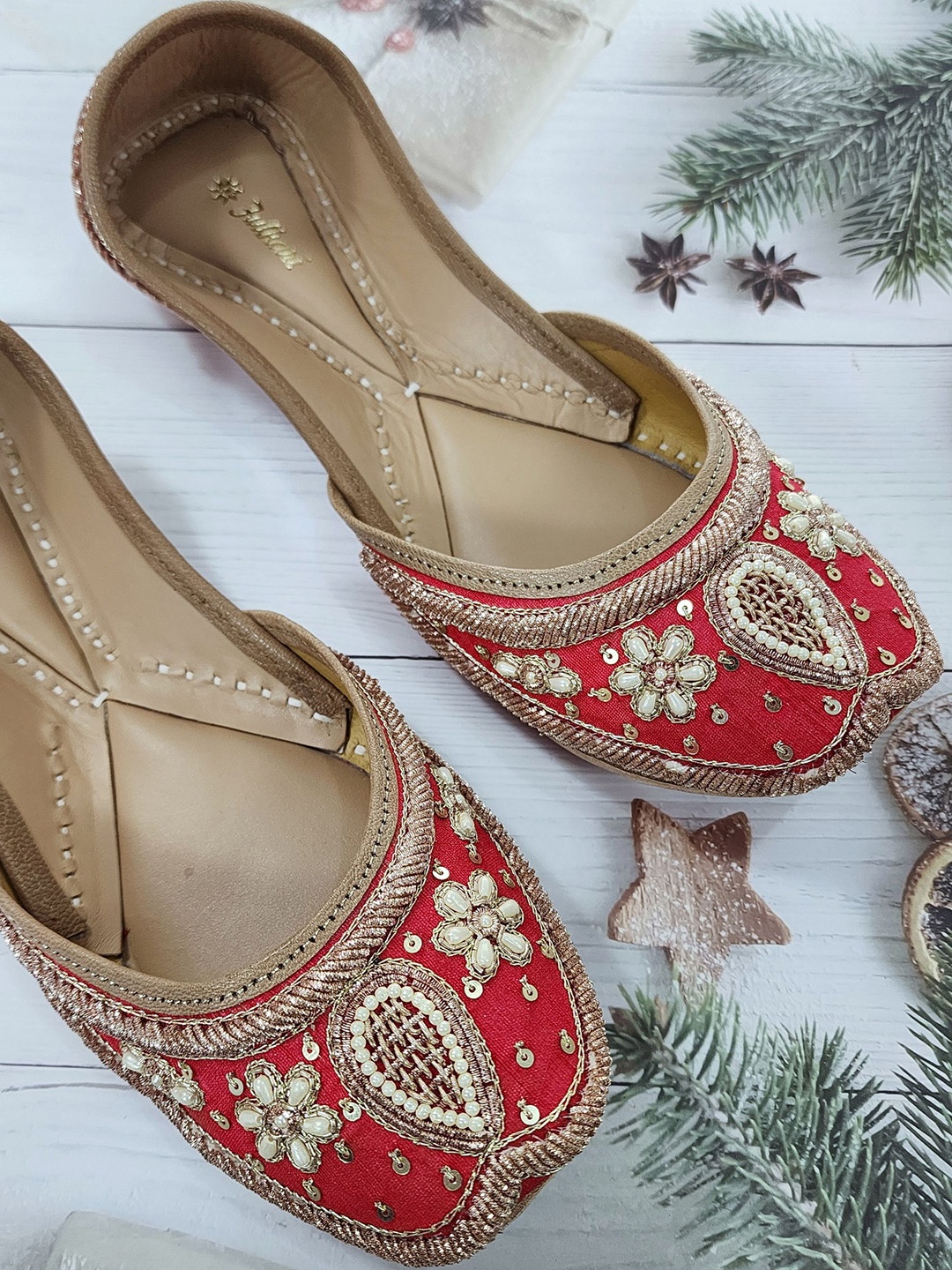 

Fulkari Women Embellished Ethnic Mojaris Flats, Red