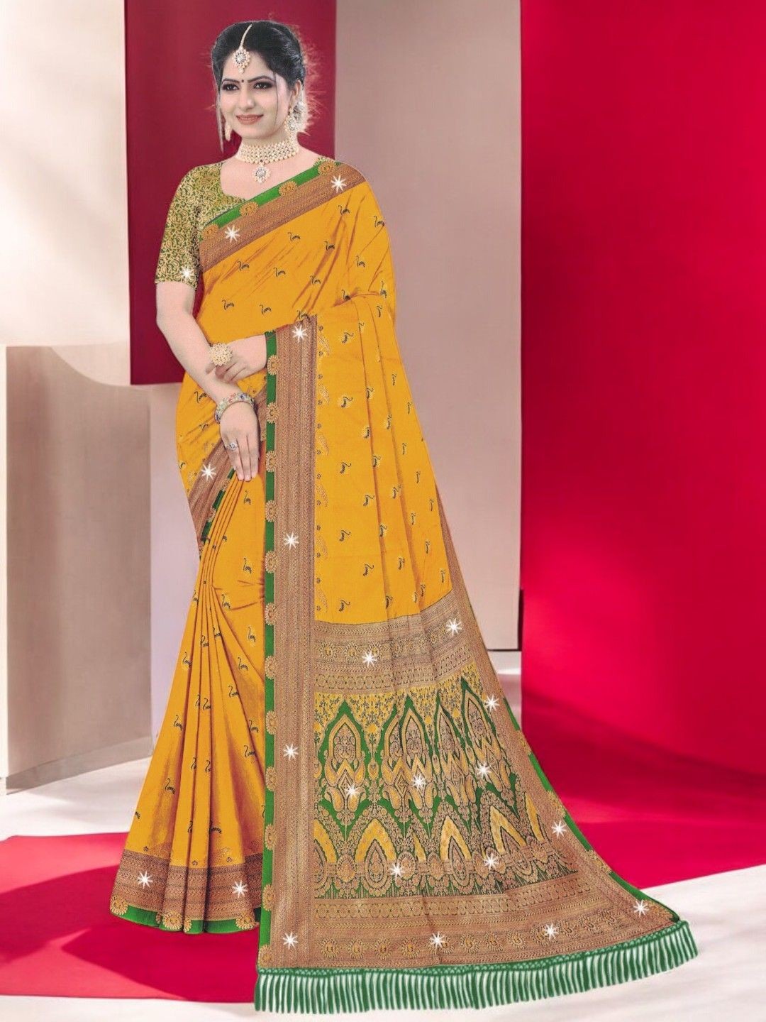 

SHOPPKEE Woven Design Zari Silk Blend Banarasi Saree, Yellow