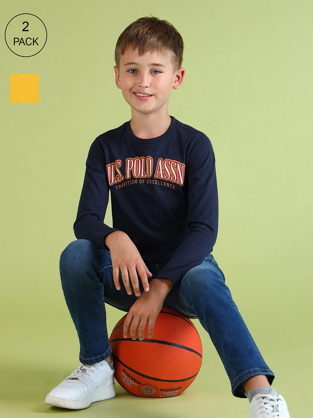 

U.S. Polo Assn. Kids Boys Set of 2 Brand Logo Printed Pure Cotton T-shirts, Navy blue
