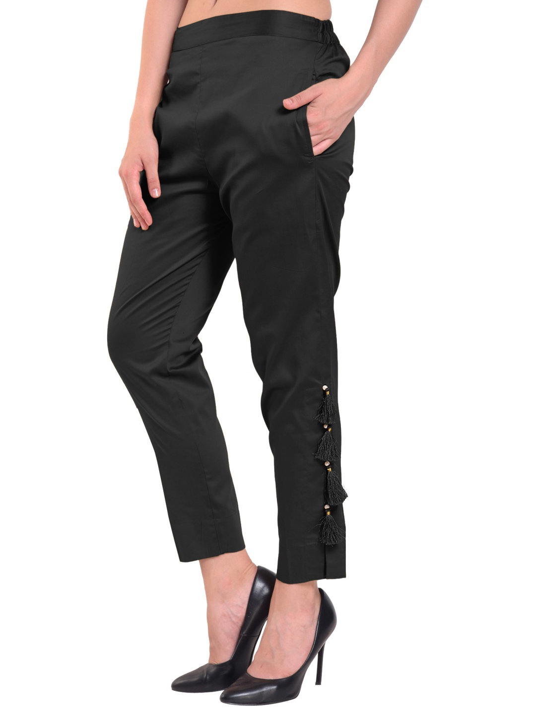 

FLOREOS Women Textured Comfort Easy Wash Trousers, Black