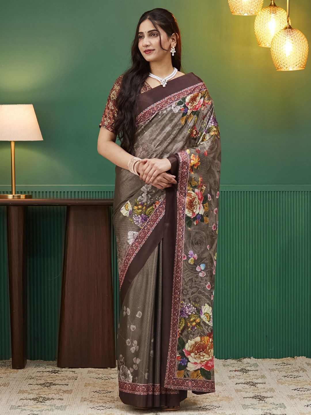 

all about you Ethnic Motifs Satin Saree, Brown