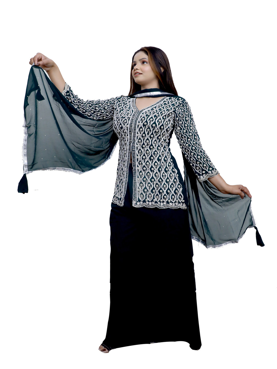 

Wavy Collection Women Floral Embroidered Regular Thread Work Top with Palazzos & With Dupatta, Green