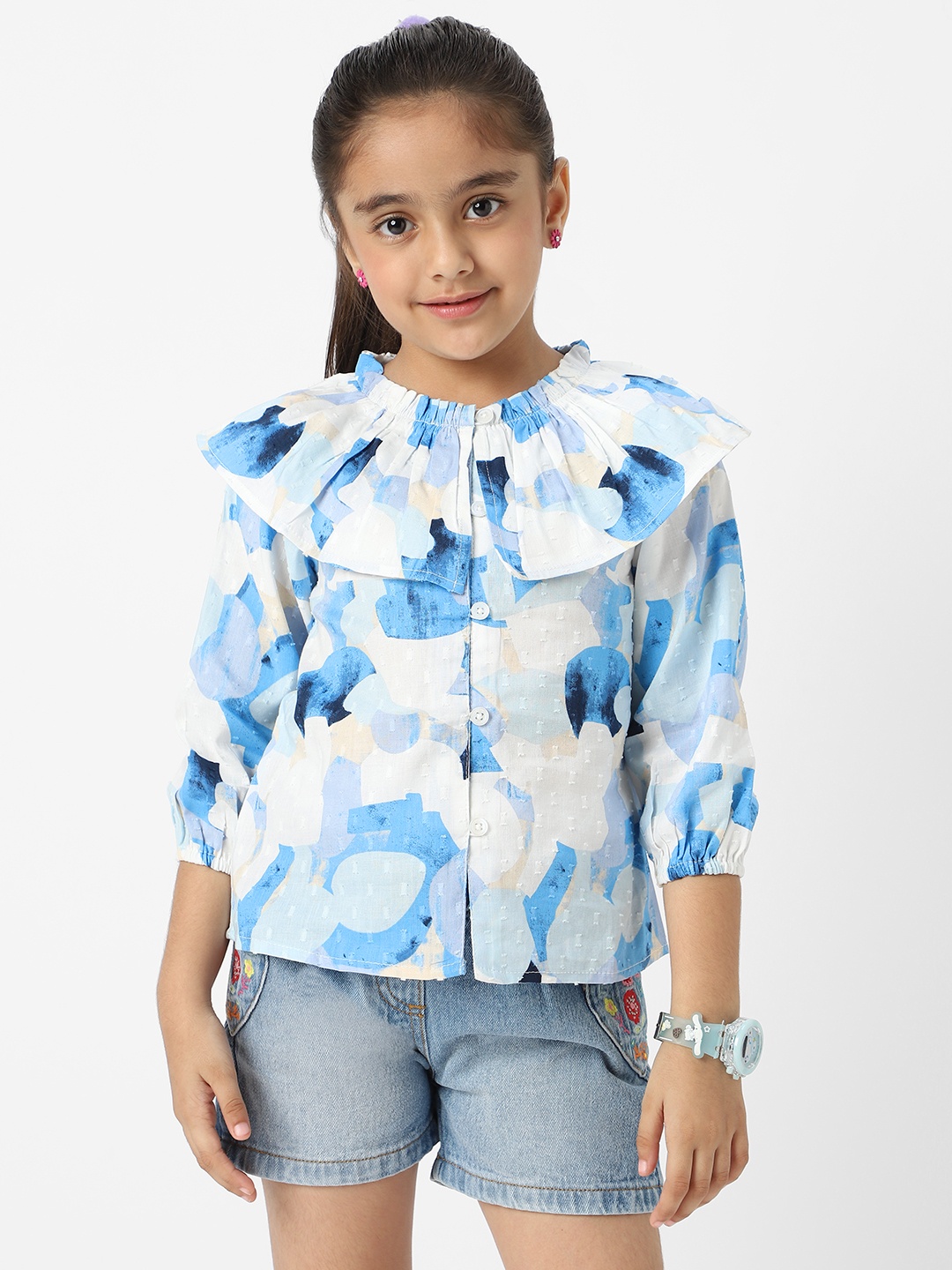 

Nauti Nati Print Puff Sleeve Layered Cotton Shirt Style Top, Blue