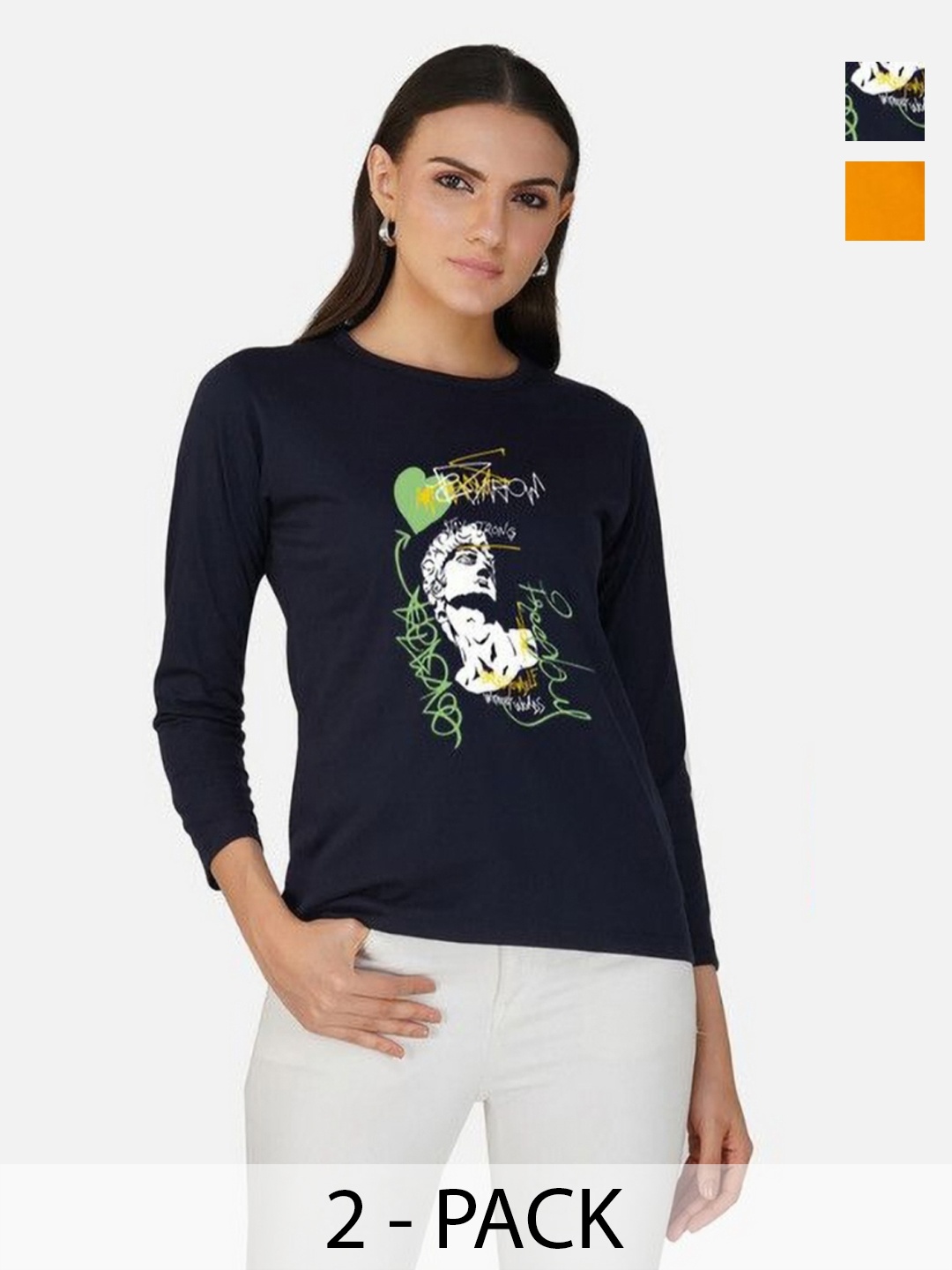 

Metronaut Women 2 Printed Bio Finish Applique T-shirt, Mustard