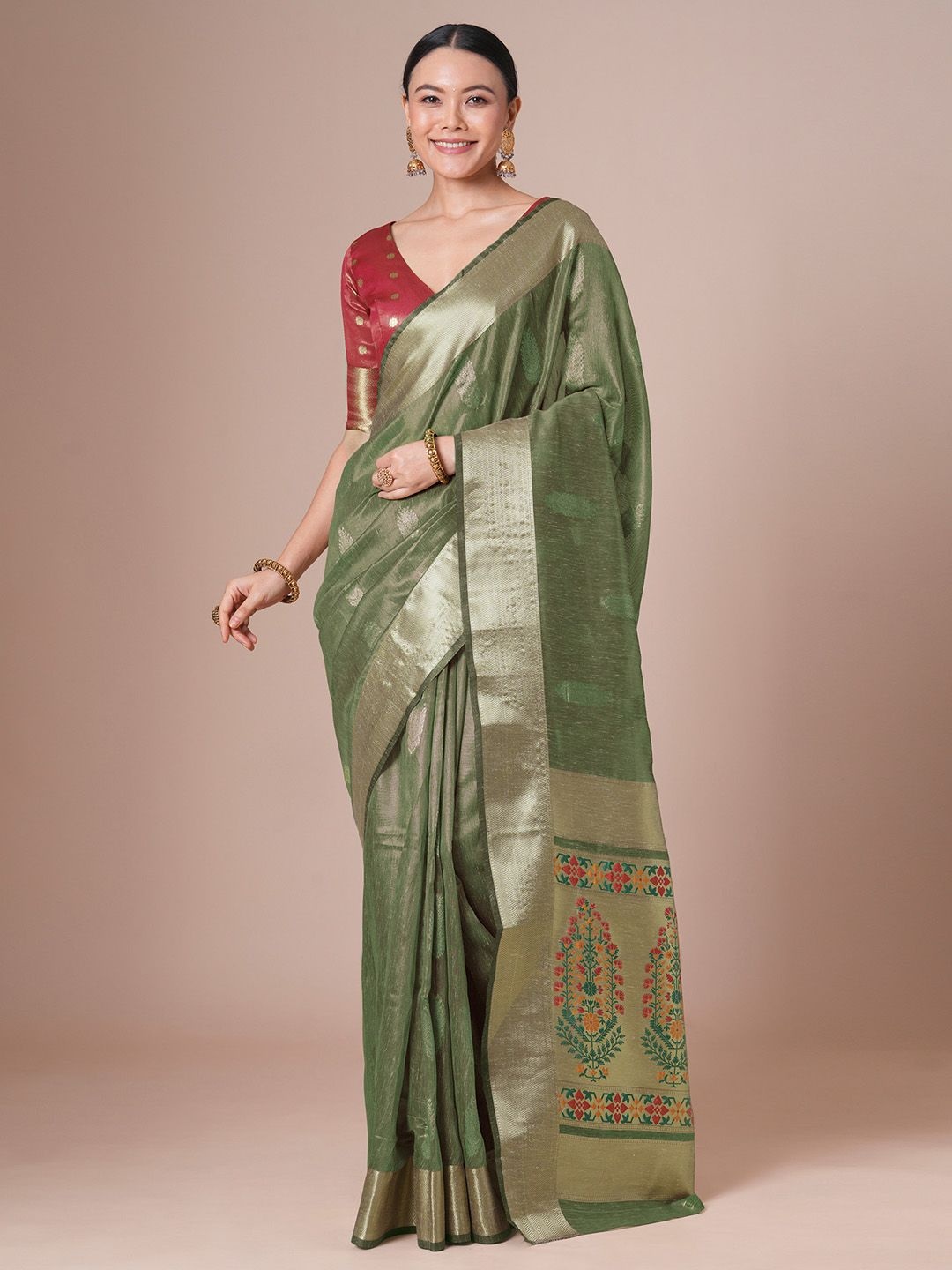 

House of Pataudi Woven Design Party Wear Saree With Matching Blouse, Olive