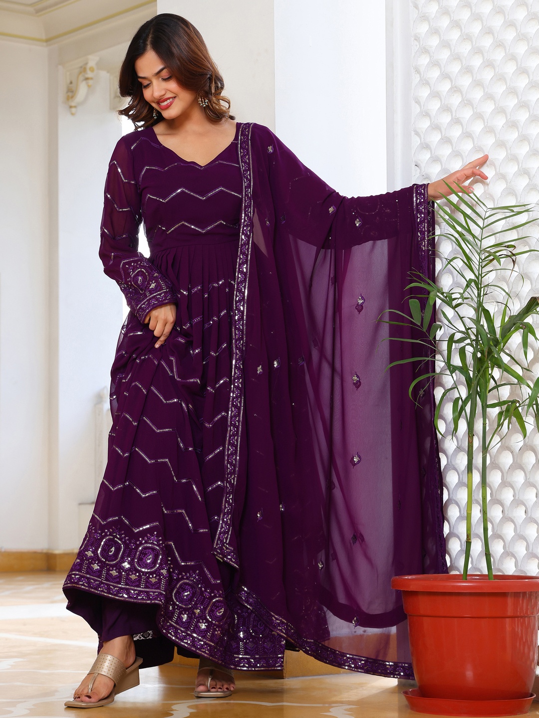 

KALINI Women Ethnic Motifs Embroidered Regular Kurta with Trousers & With Dupatta, Purple