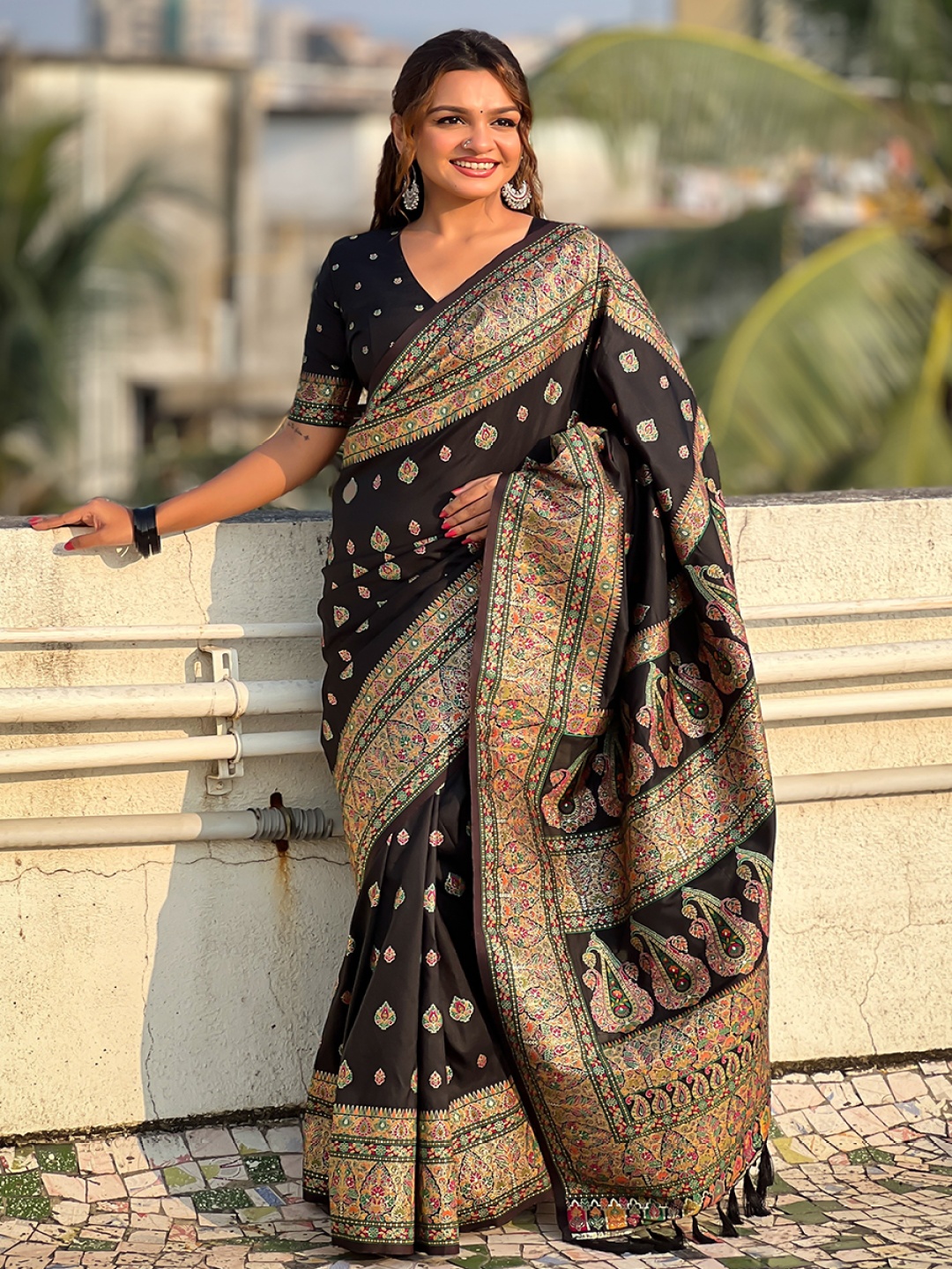 

all about you Woven Design Zari Silk Blend Saree, Black