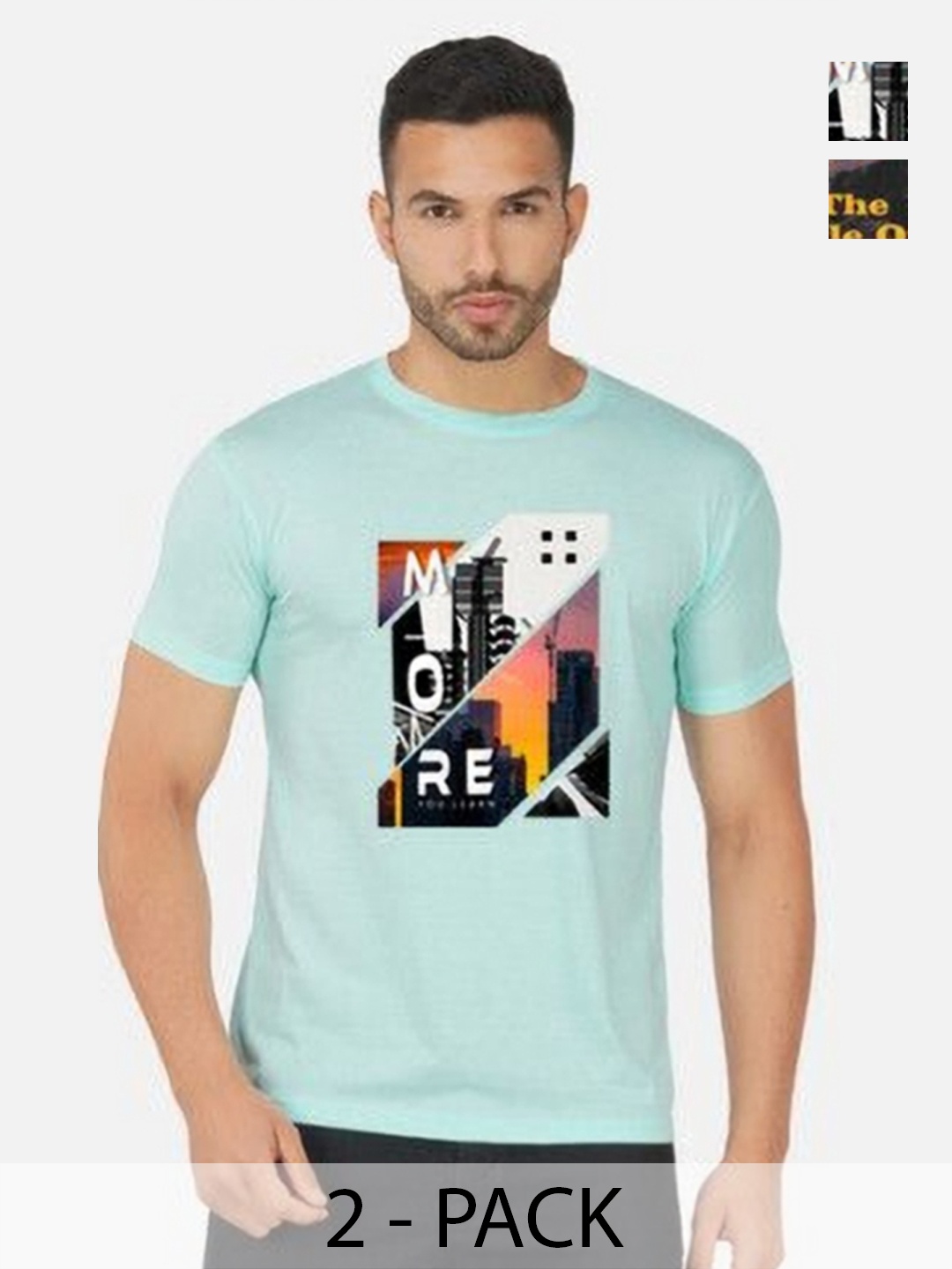 

GLOBAL NOMAD Men 2 Printed Bio Finish Applique T-shirt, Turquoise blue