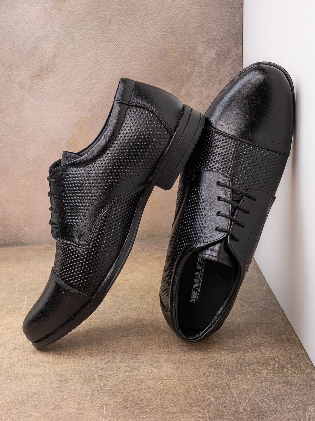 

MENGLER Men Leather Formal Derbys, Black