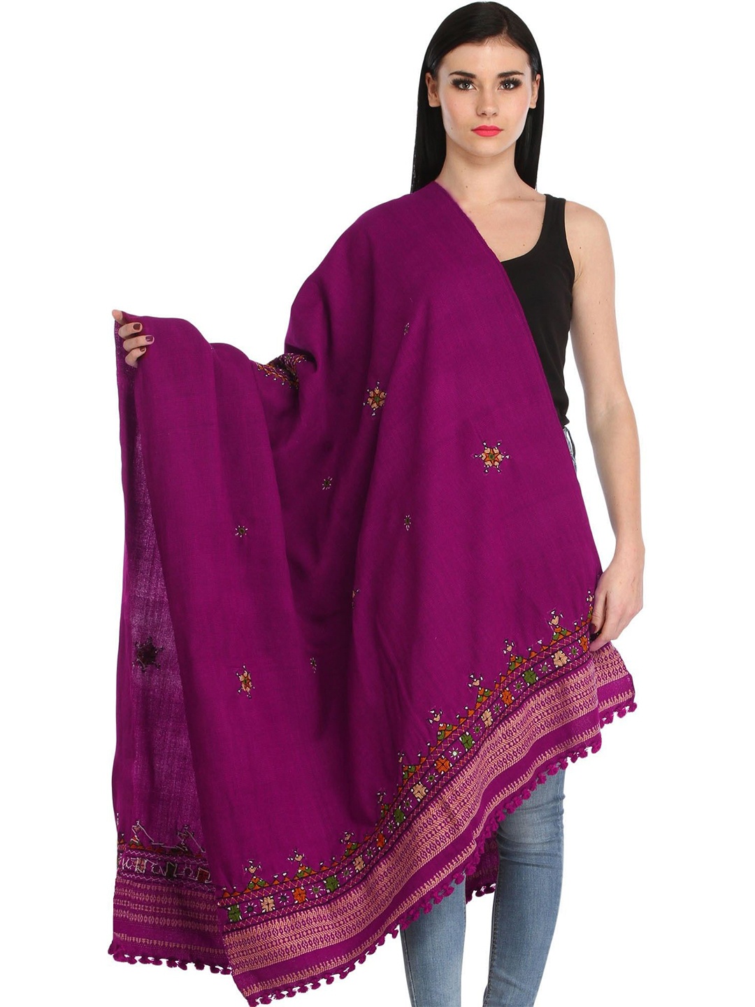 

Exotic India Women Paisley Embroidered Shawl, Purple