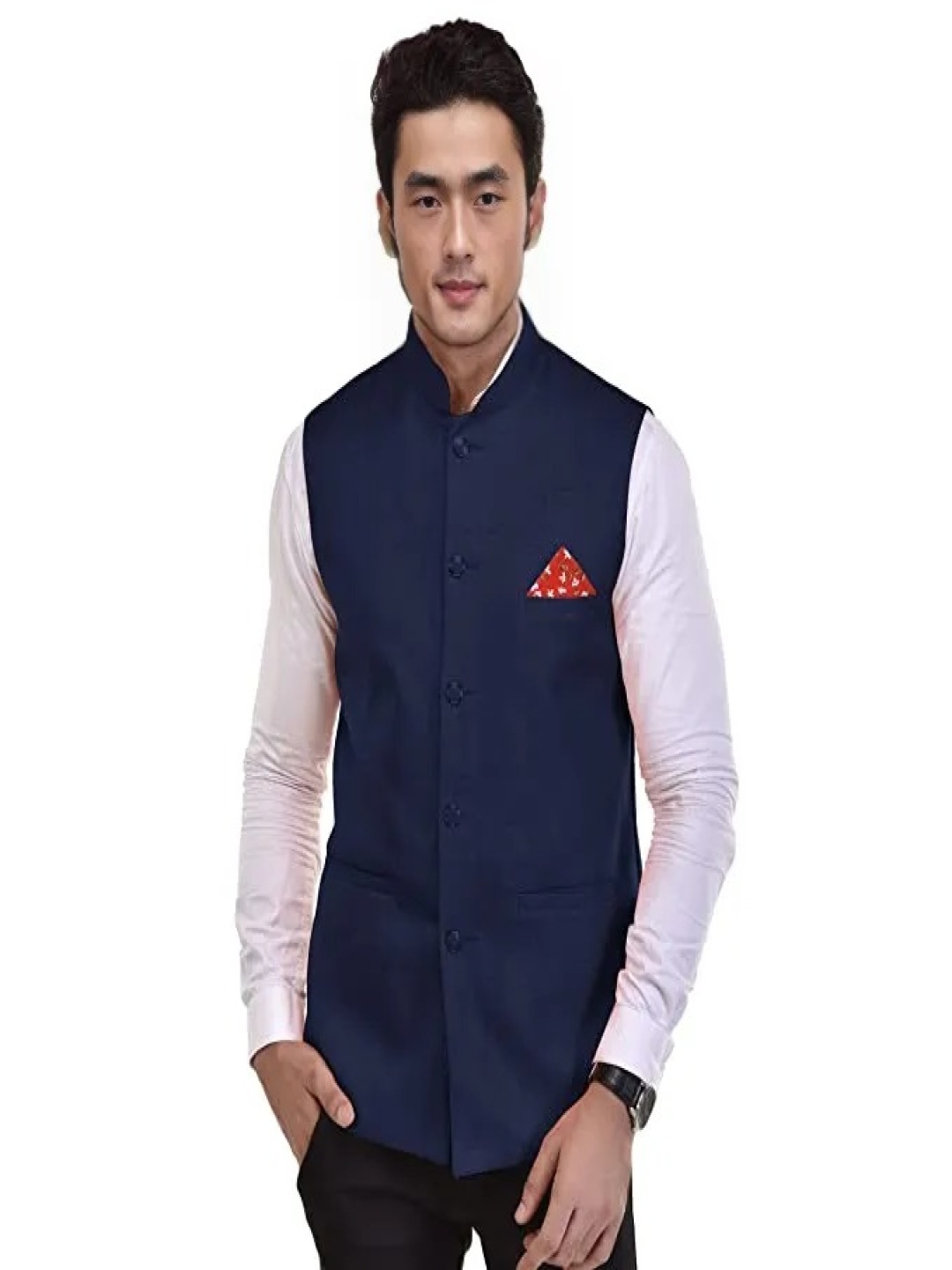 

Seetoo Mandarin Collar Woven Design Nehru Jacket, Navy blue