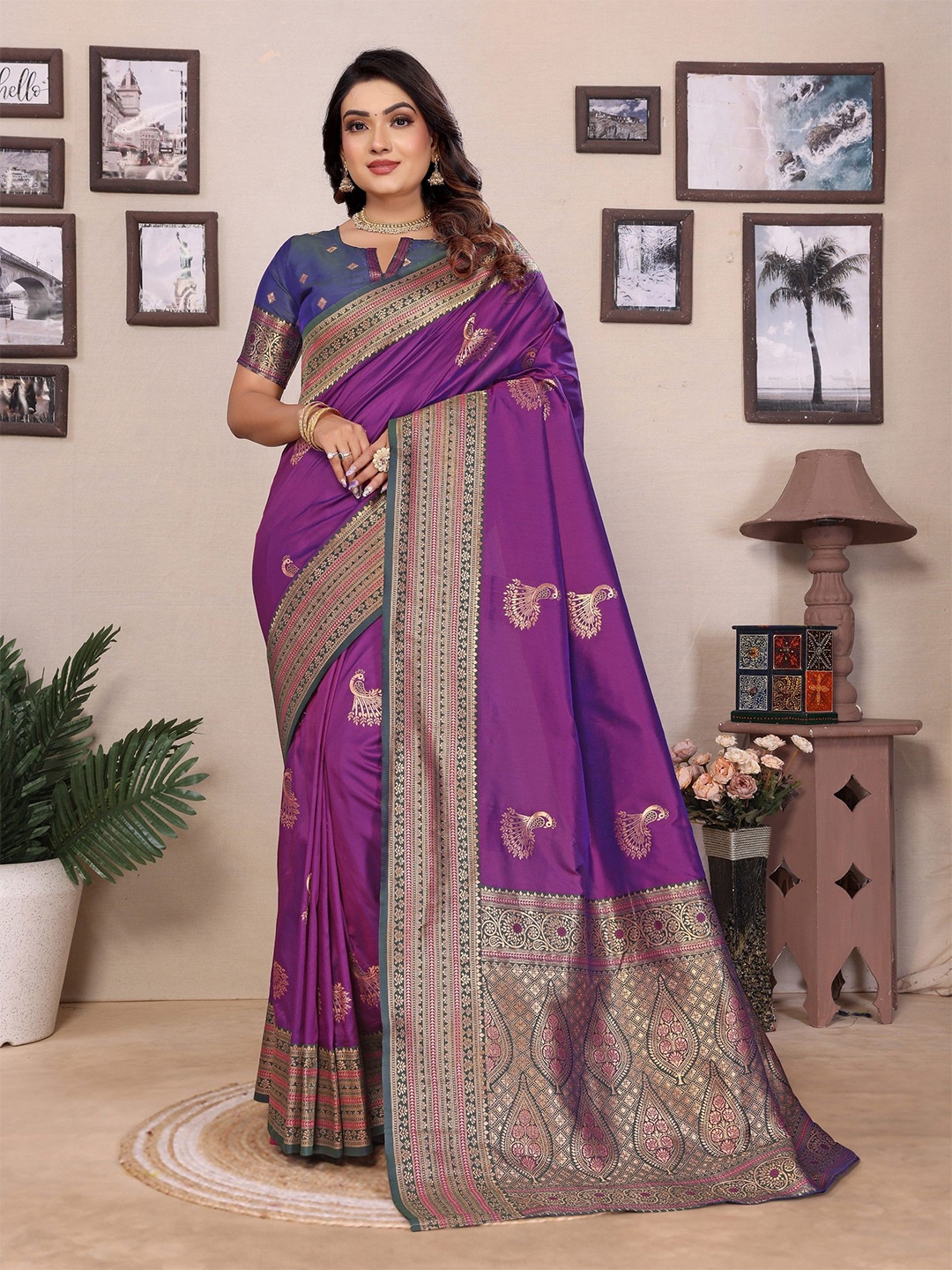 

Mitera Woven Design Zari Silk Blend Banarasi Saree, Purple