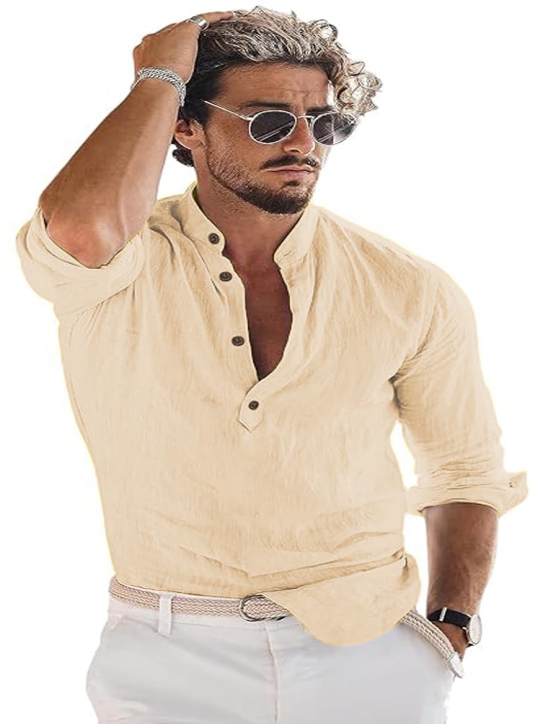 

EdinWolf Band Collar Roll-Up Sleeves Cotton Straight Kurta, Beige